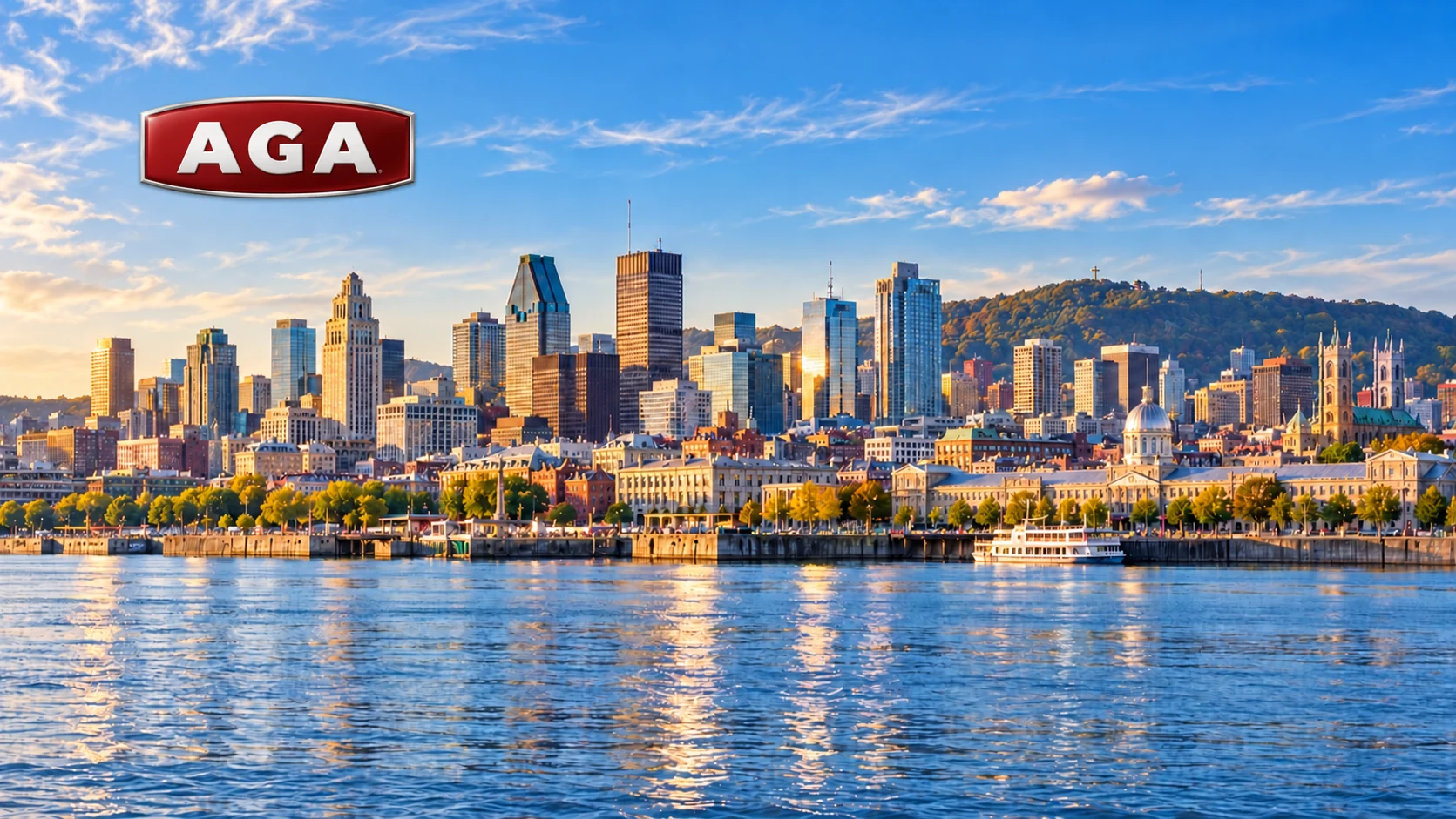 Vue de Montréal depuis le fleuve Saint-Laurent avec le logo AGA