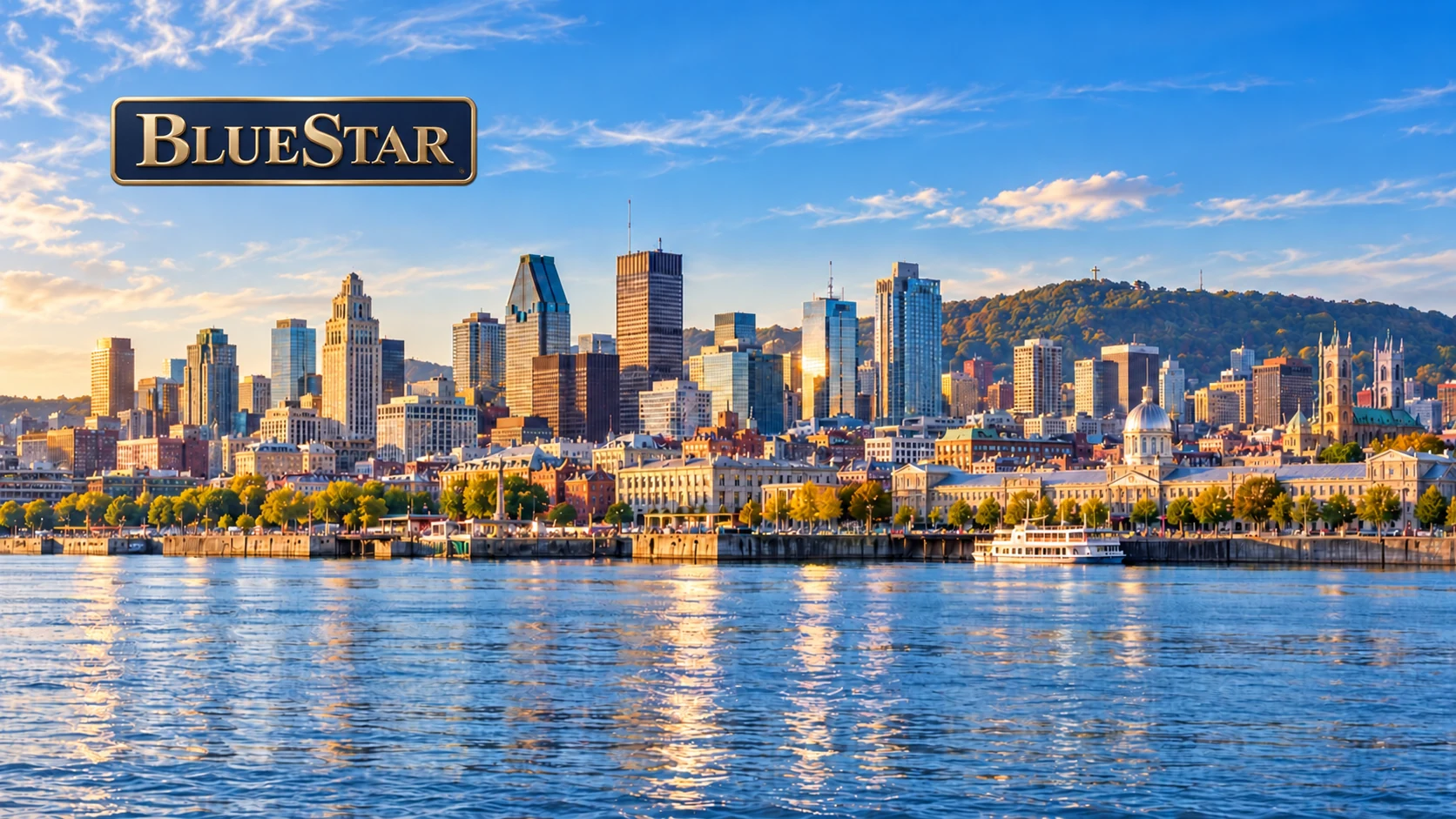 Vue de Montréal depuis le fleuve Saint-Laurent avec le logo BlueStar